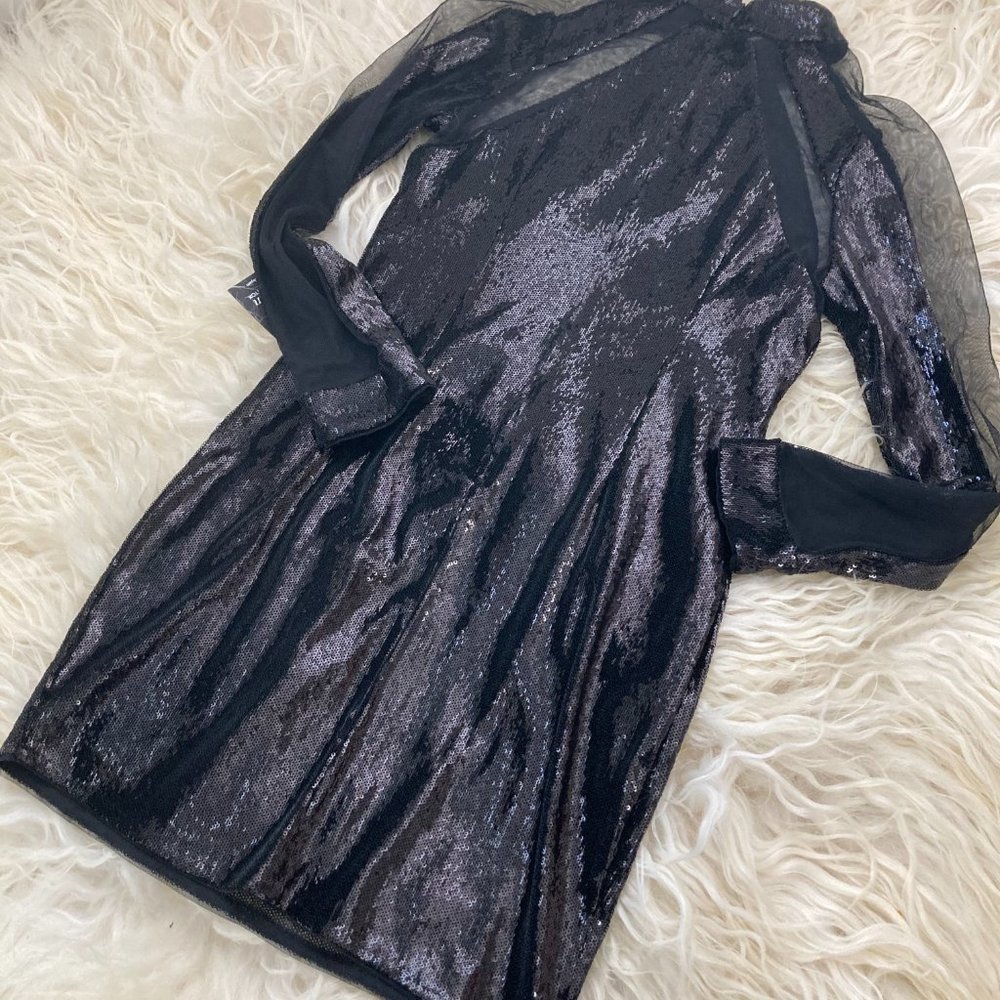 Aidan By Aidan Mattox Sequin & Mesh Inset Mock-Neck Long-Sleeve - Picture 11 of 13